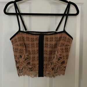 Aerie NWT Floral Lace-Overlay Cropped Camisole in Beige and Black